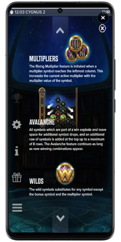 Cygnus 2 Spielraster auf dem Smartphone mit Multiplikator Symbolen und X iter Anzeige