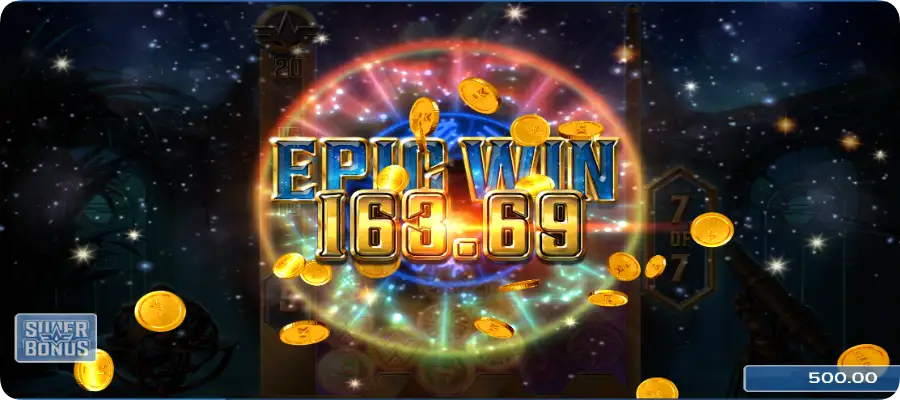 Cygnus 2 Super Bonus Epic Win 163.69 mit Goldmünzen und Lichteffekten