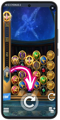 Cygnus 2 Spin-Button und Multiplikator-Anzeige auf dem Spielraster