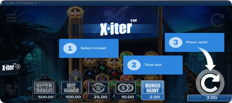 Cygnus 2 X-iter Menü mit fünf Kaufoptionen Super Bonus Buy Bonus Multiplier Wilds und Bonus Hunt